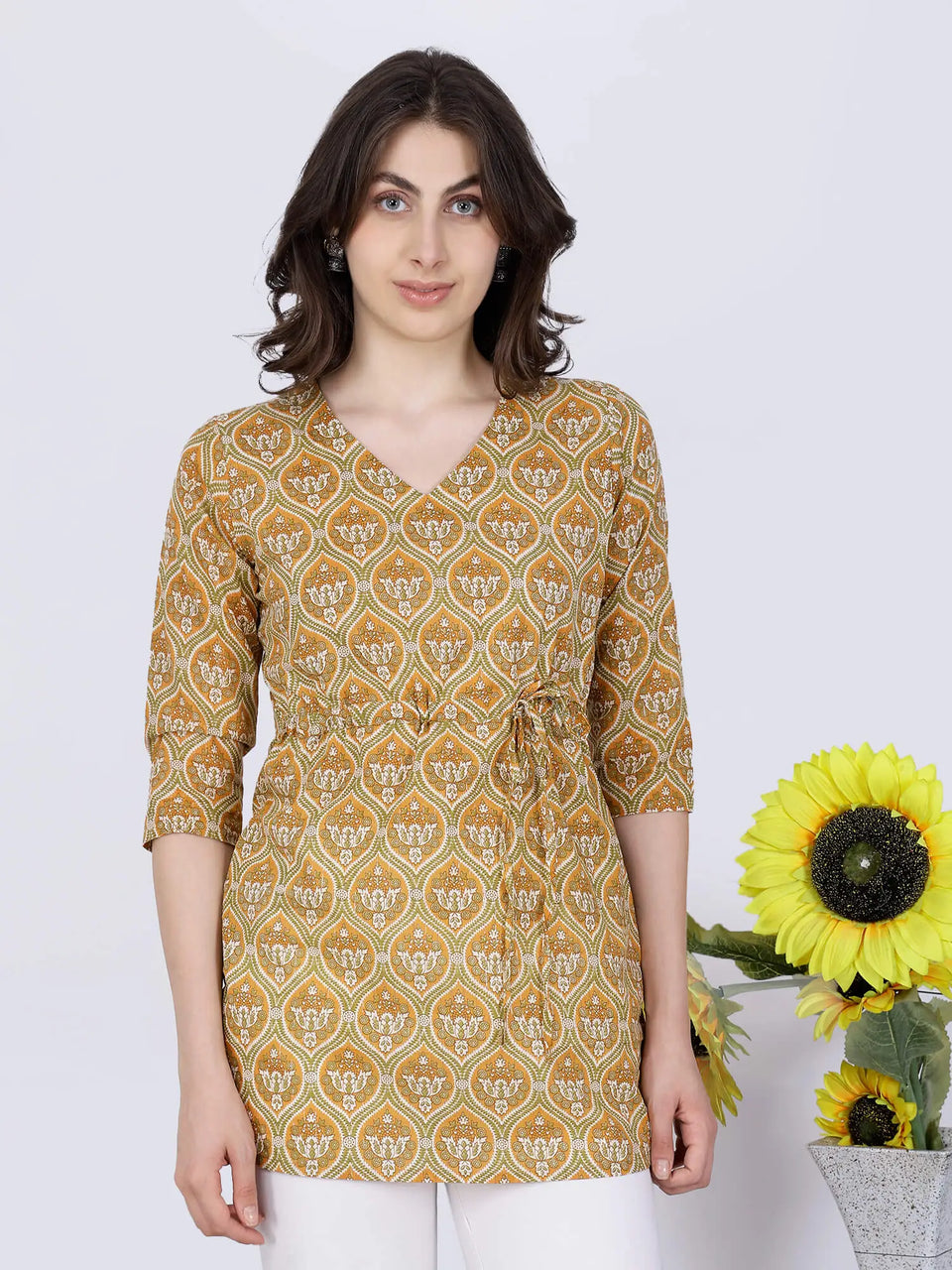 Premium Mustard Yellow Short Kurti with Adjustable Waist Tie-Up by Rabric