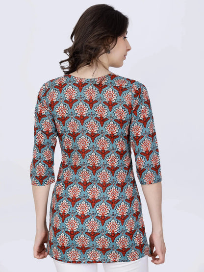Back view of Rabric Premium Cotton Short Kurti in Red & Blue print