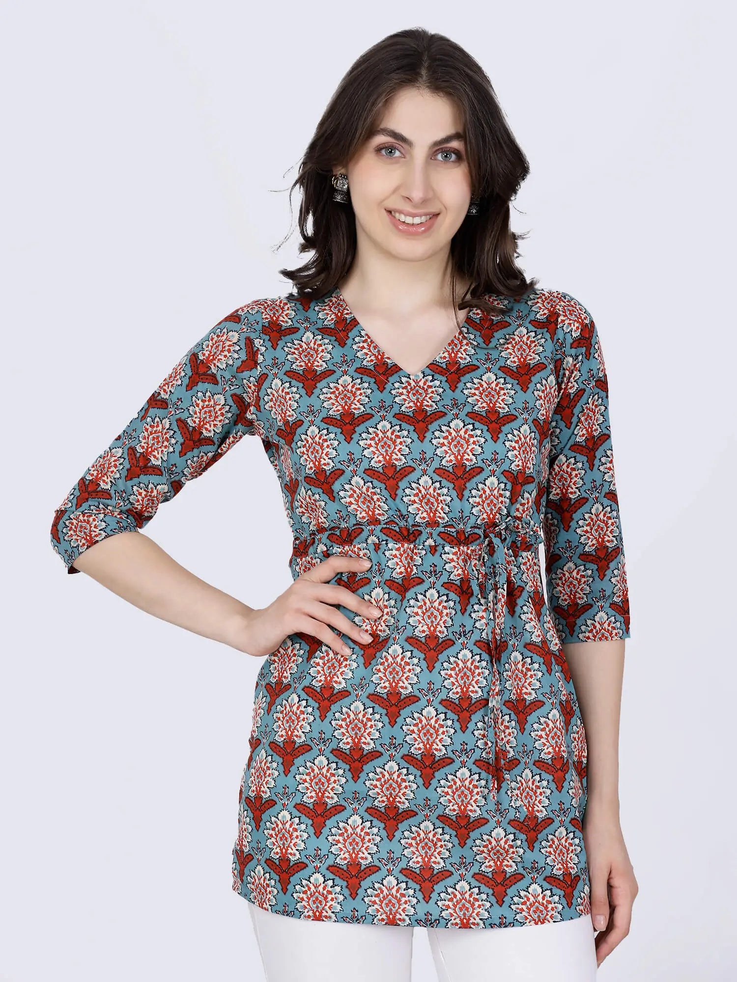 Front view of Premium Red & Blue Short Kurti with Waist Tie-Up by Rabric