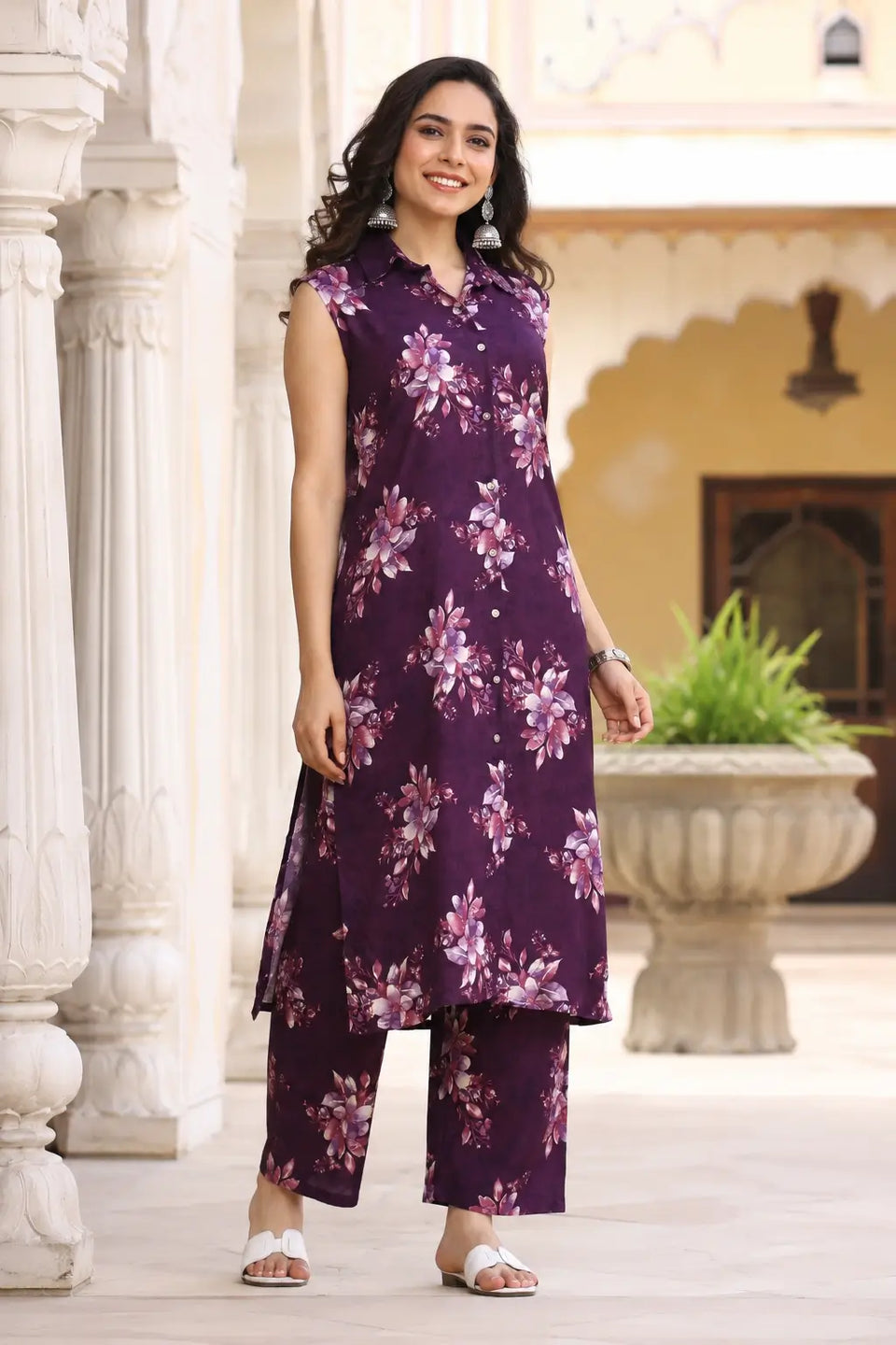 Lifestyle image of women’s purple rayon floral co-ord set