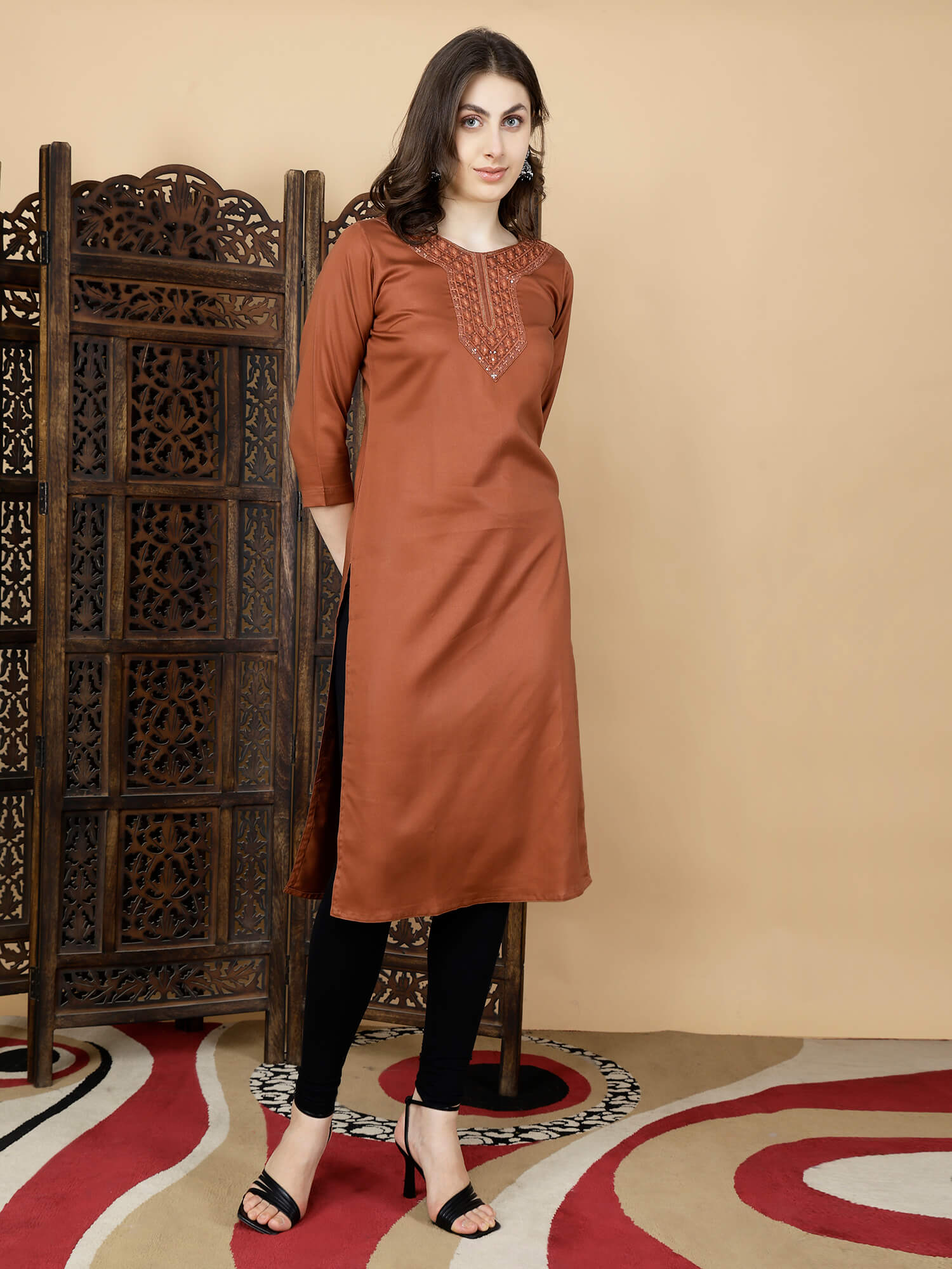 Side View of Rust Brown Long Kurti with Embroidered Neckline