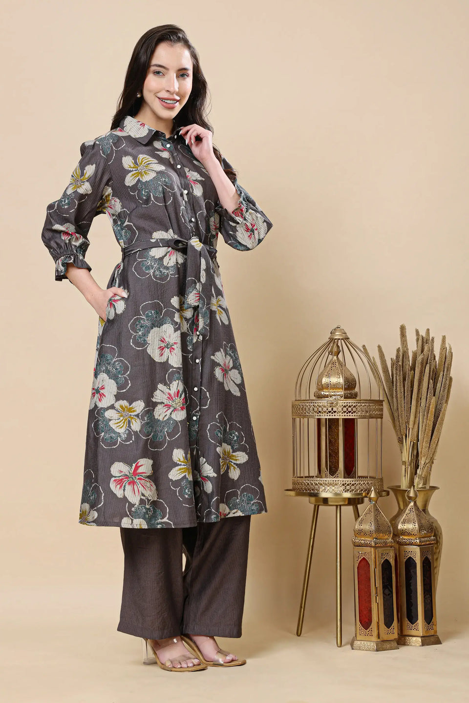 Adjustable waist tie A-line kurta co-ord set