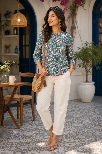 Rabric beige blue floral cotton short top for women in trendy Gen Z casual outfit styling with comfortable summer fashion look