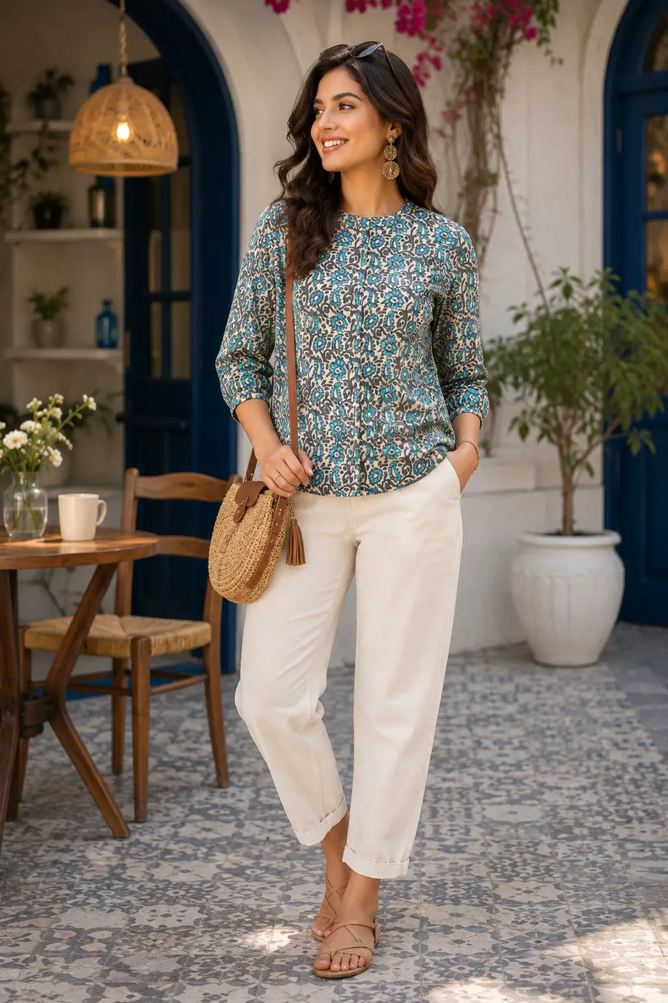 Rabric beige blue floral cotton short top for women in trendy Gen Z casual outfit styling with comfortable summer fashion look