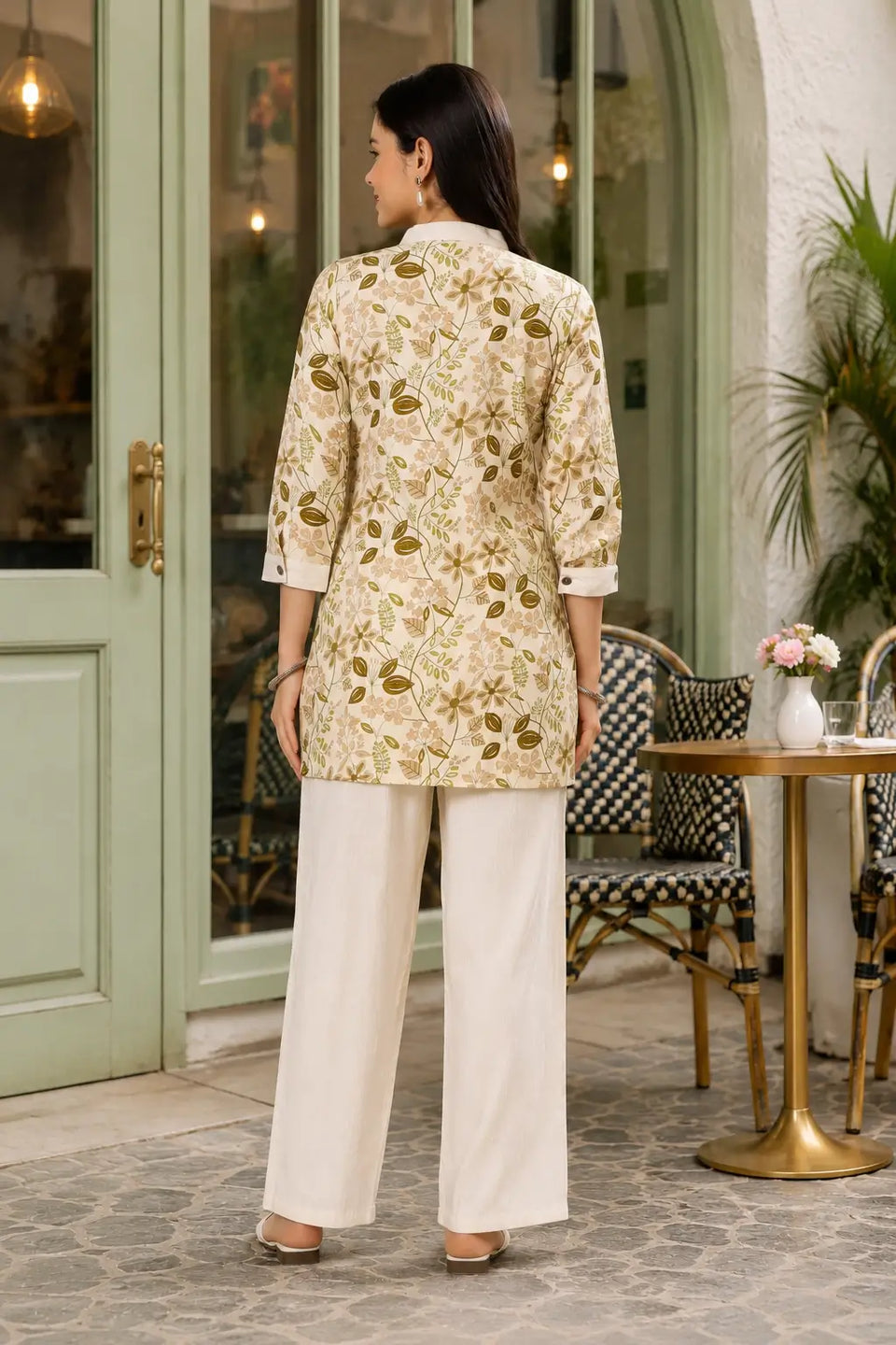Back view of Rabric beige botanical floral print Vertican Silk women co-ord set with straight short kurti and wide leg palazzo pants