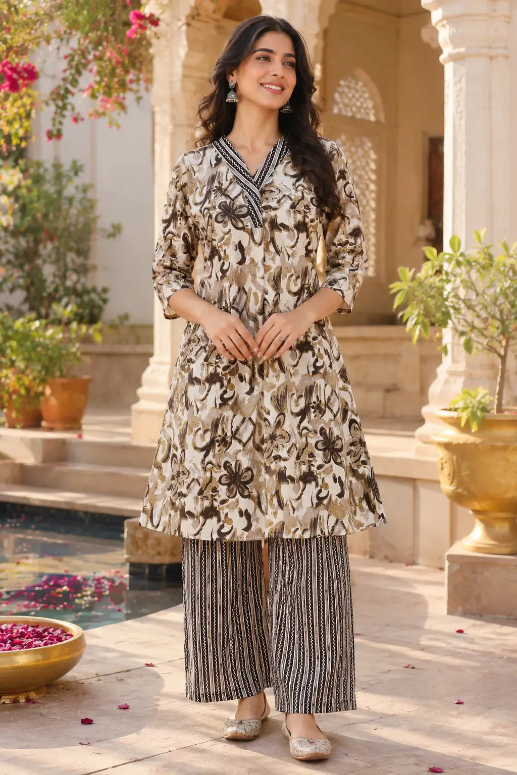 Rabric beige brown cotton floral kurta palazzo set for women front view with 3-4 sleeves and printed ethnic co ord set