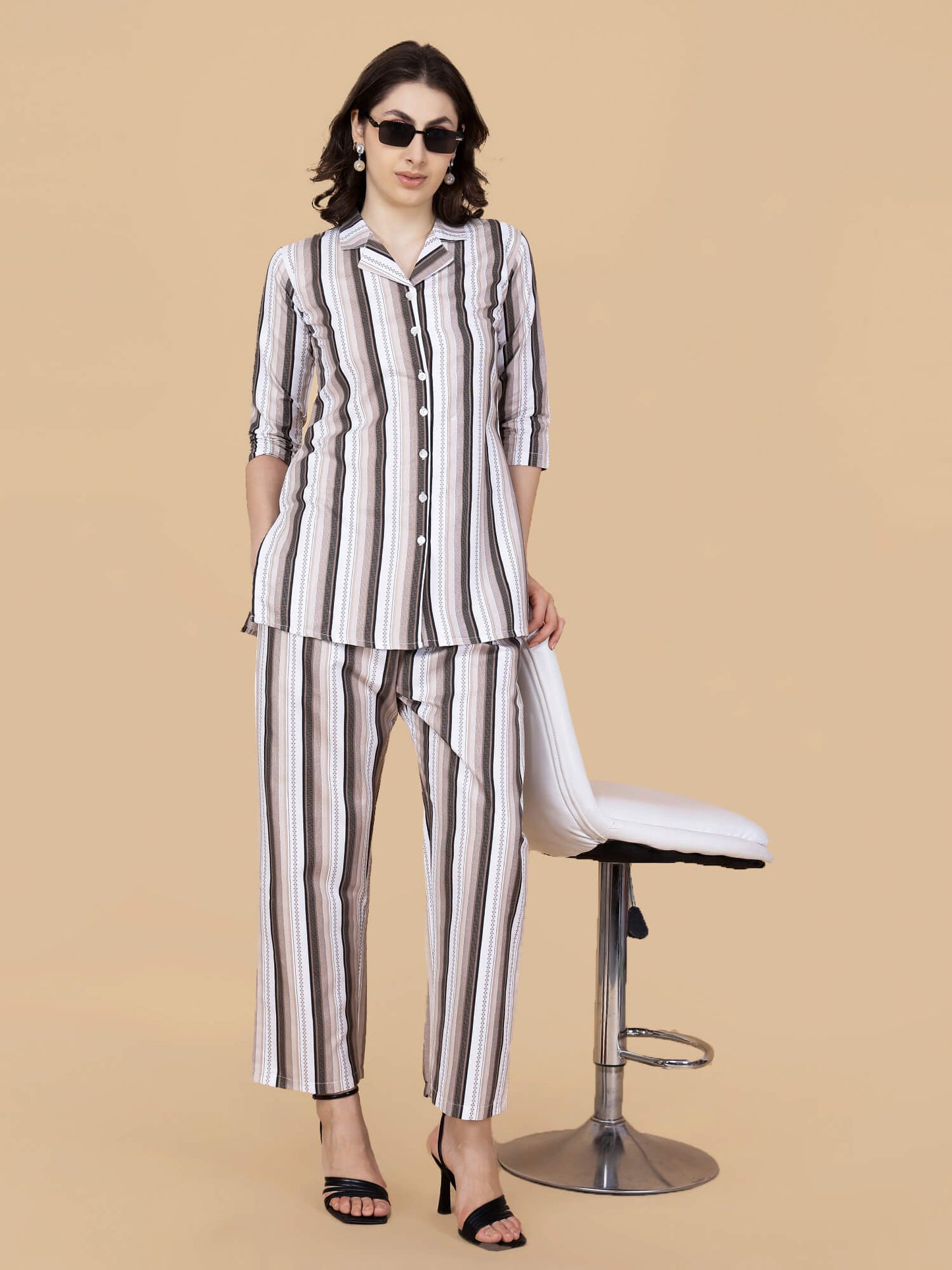 Full look of women’s beige striped co-ord set by Rabric