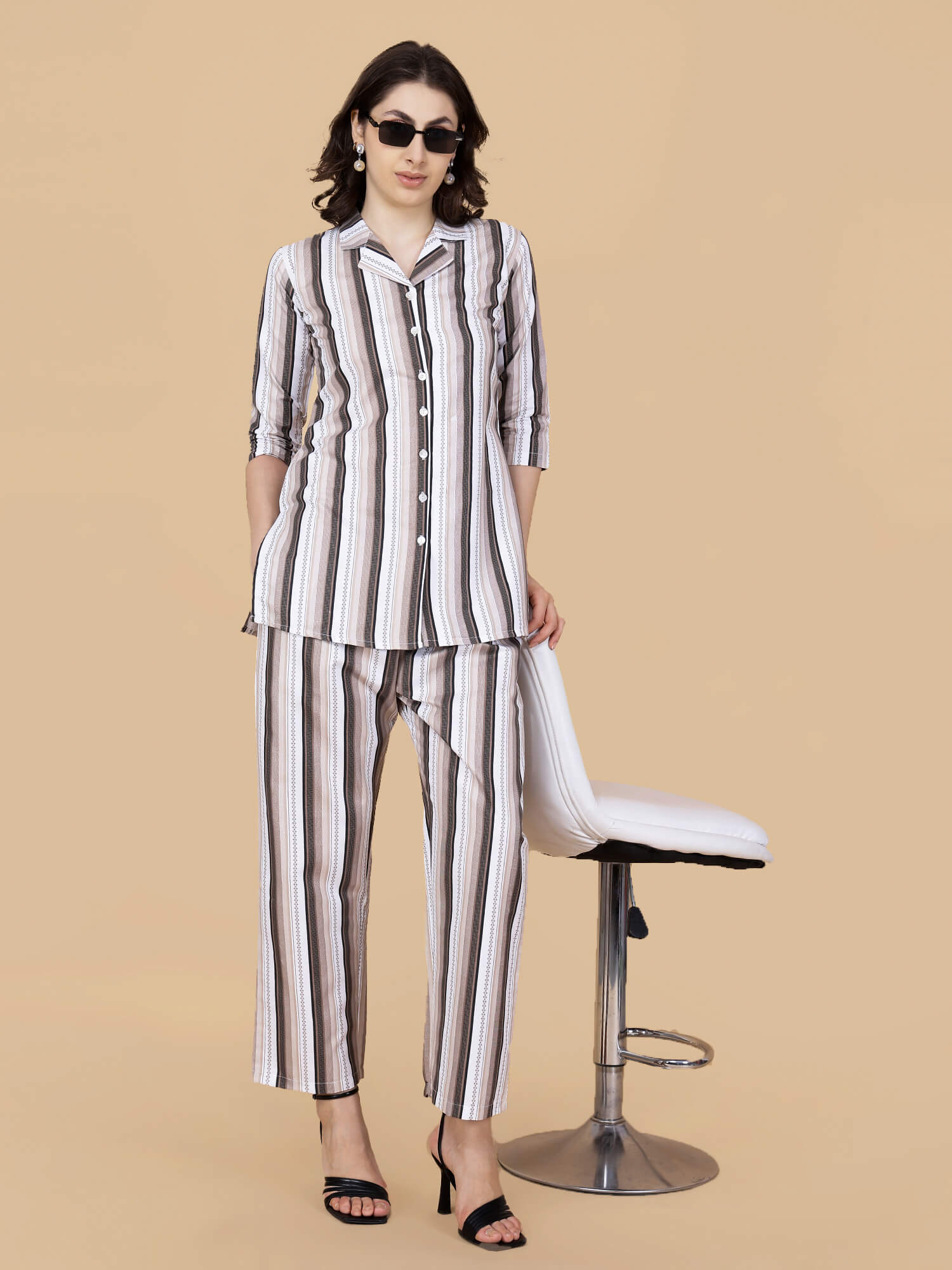 Full look of women’s beige striped co-ord set by Rabric