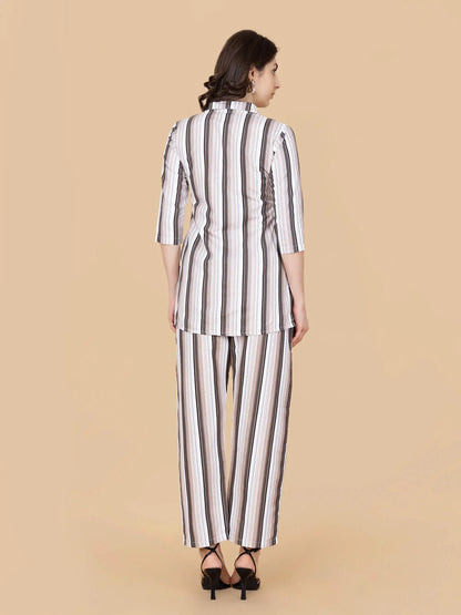 Back view of beige striped cotton co-ord set – Rabric loungewear collection