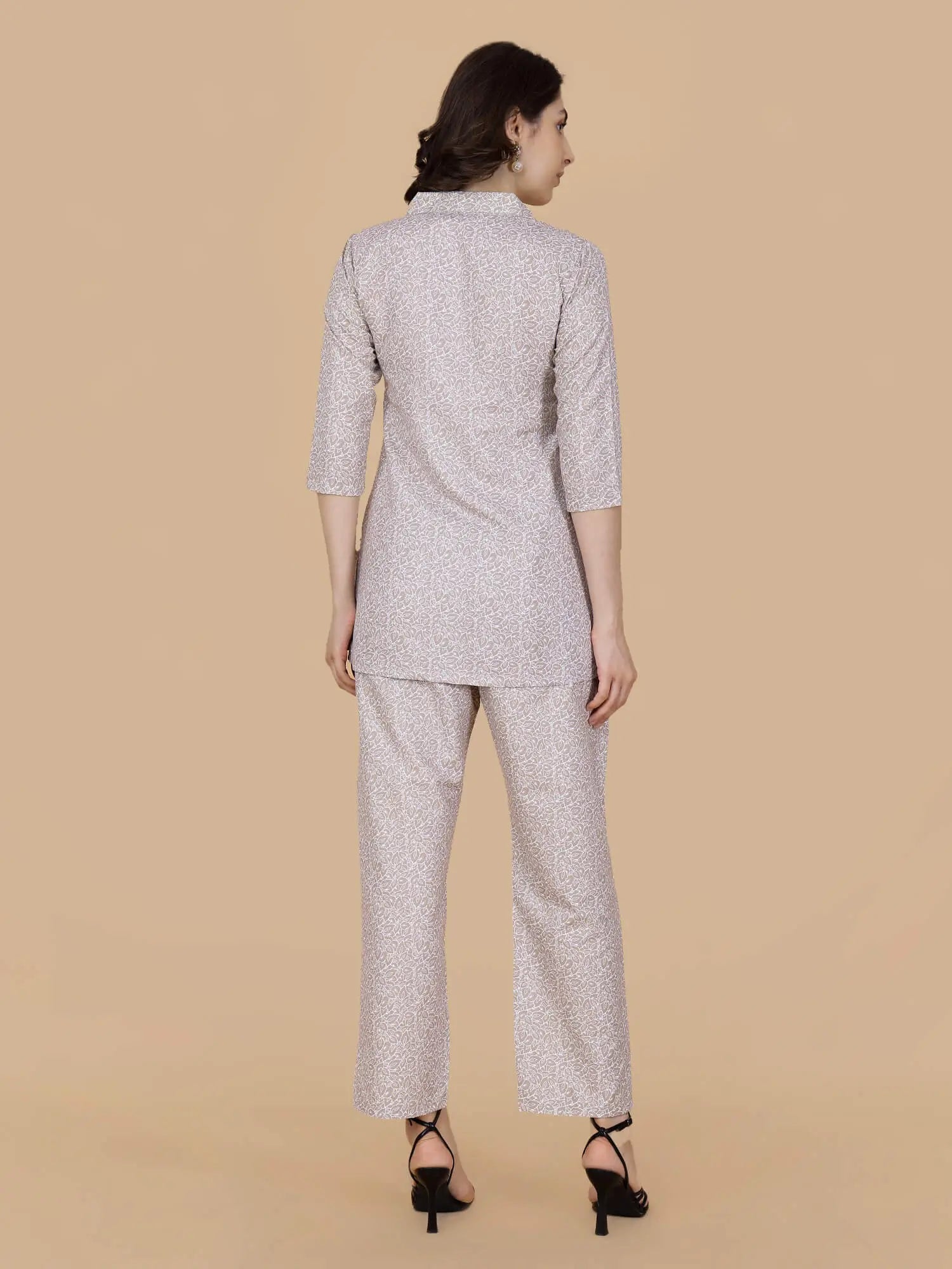 Back view of Rabric Beige Cotton Printed Co-ord Set for Women