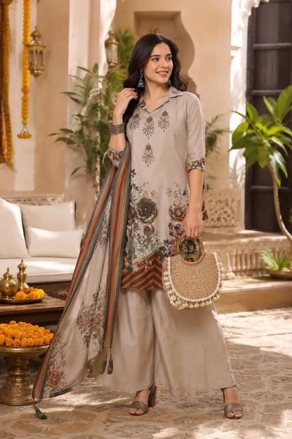 Rabric beige cotton ethnic kurta set with dupatta lifestyle fashion look for women