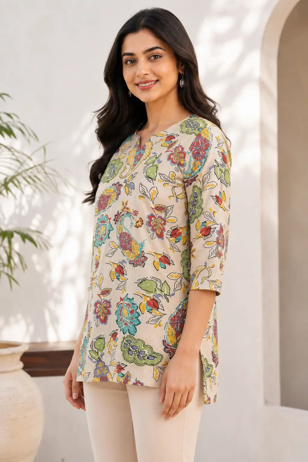 Rabric beige Cotton Flex 3/4 sleeves floral paisley printed short top for women side view