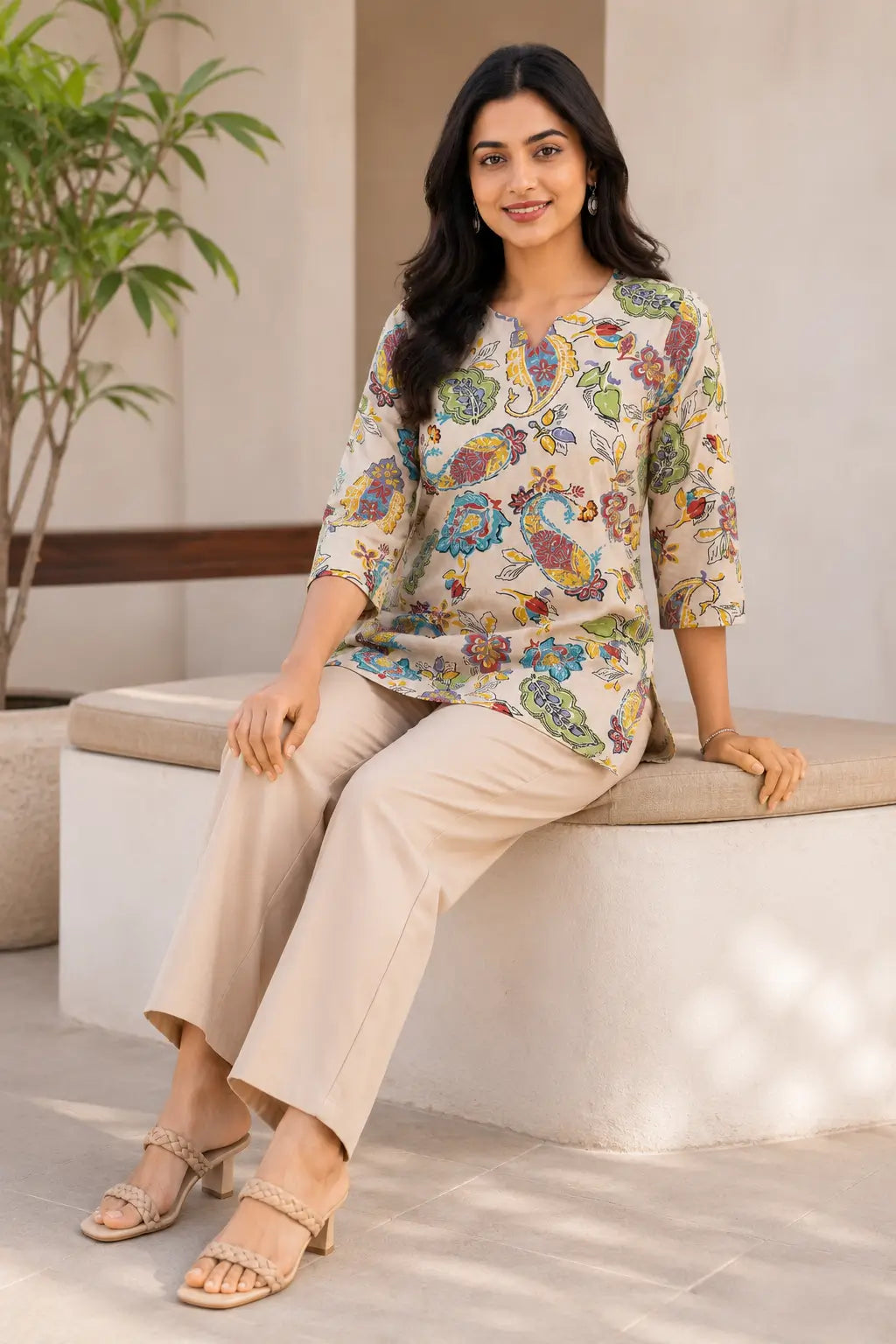 Rabric beige Cotton Flex floral paisley short top for women in casual sitting pose with 3/4 sleeves