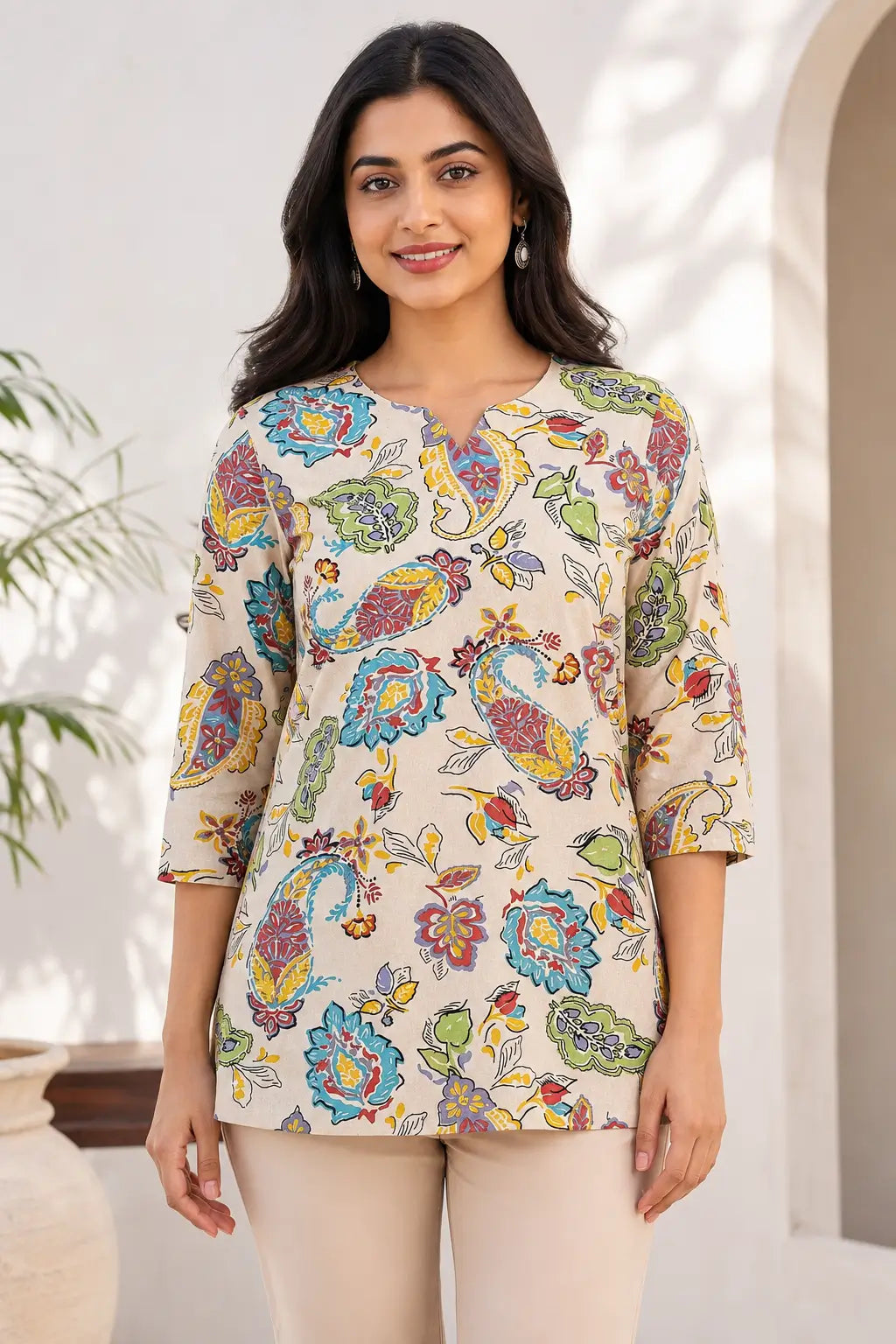 Rabric beige Cotton Flex hip length floral paisley printed short top styled with beige pants full product look