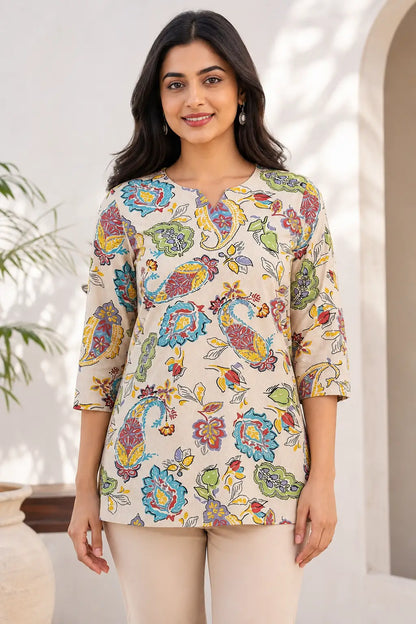 Rabric beige Cotton Flex hip length floral paisley printed short top styled with beige pants full product look