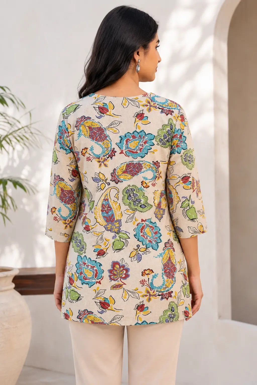 Rabric beige Cotton Flex short top for women with multicolor floral paisley print and 3/4 sleeves back view
