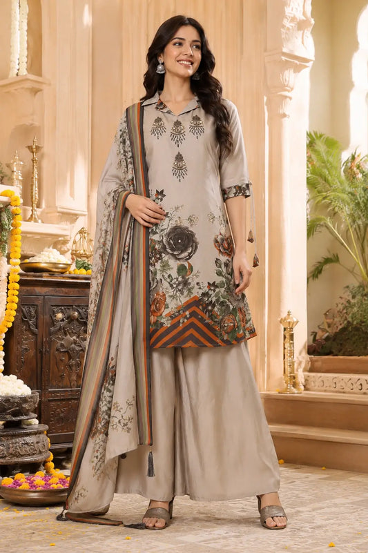 Rabric beige cotton floral print kurta palazzo set with dupatta for women front view ethnic festive wear