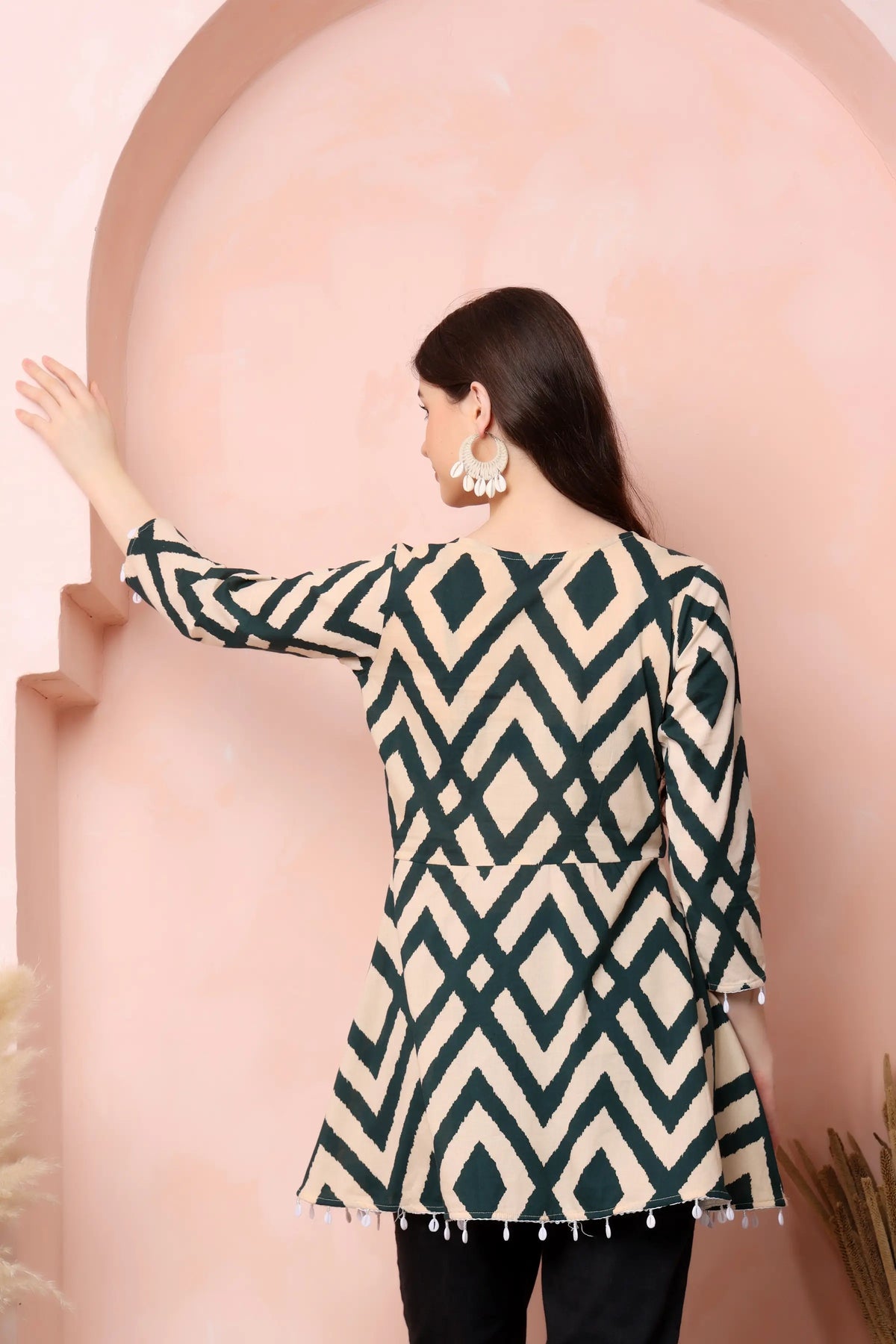 RABRIC beige and deep green pure cotton short kurti for women back view with geometric printed flared design