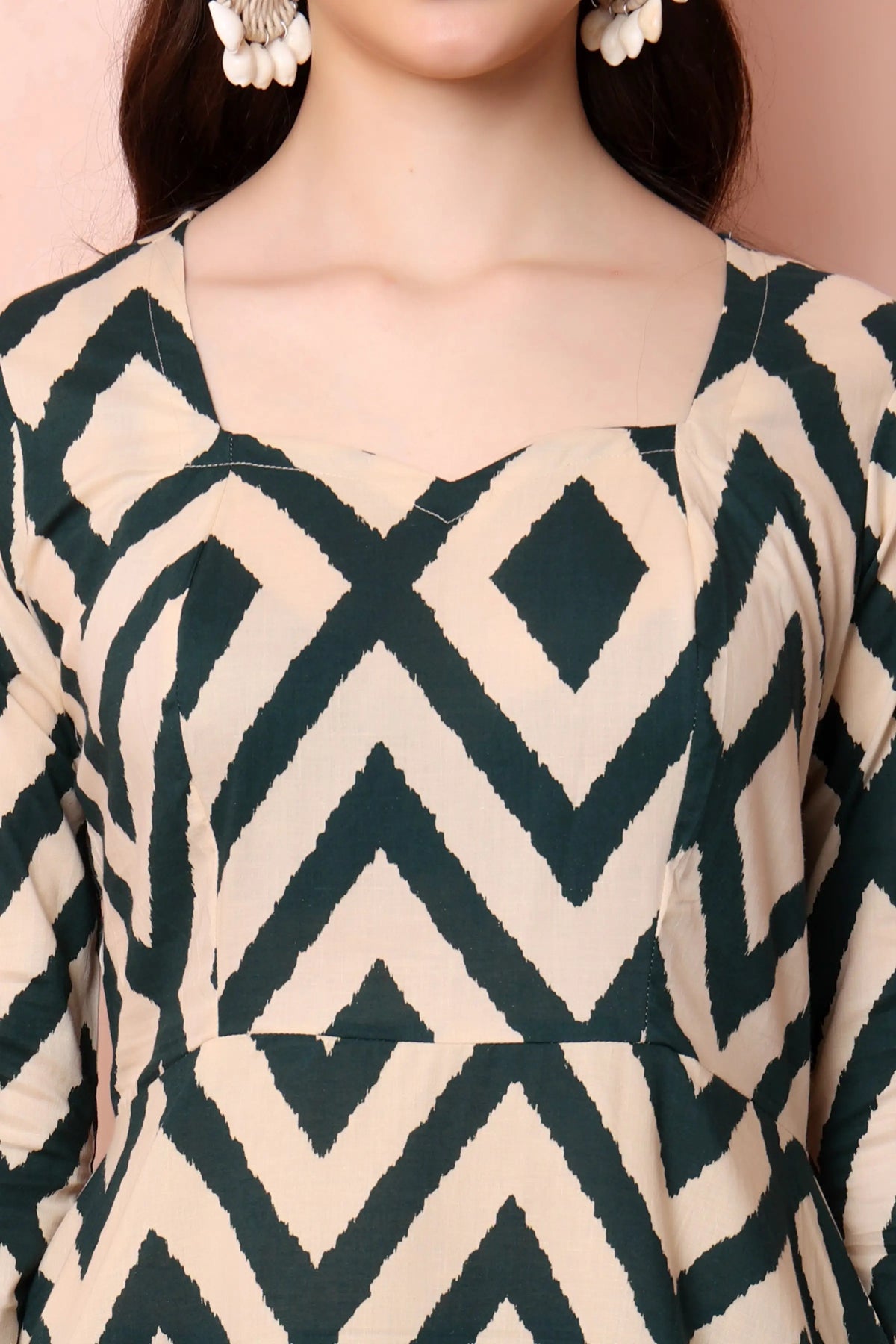 RABRIC beige and deep green pure cotton short kurti close-up showing square-style neckline and geometric print