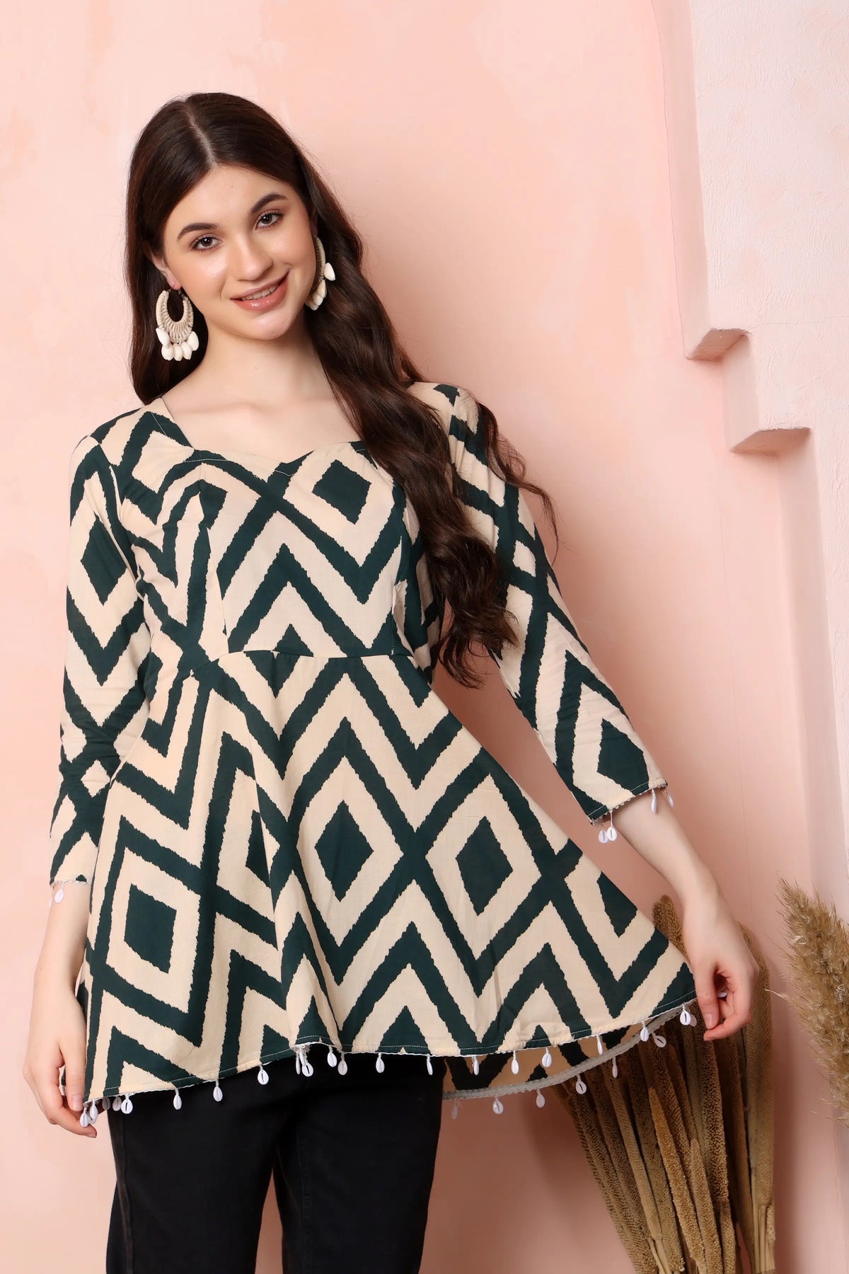 RABRIC beige and deep green pure cotton flared short kurti for women side view