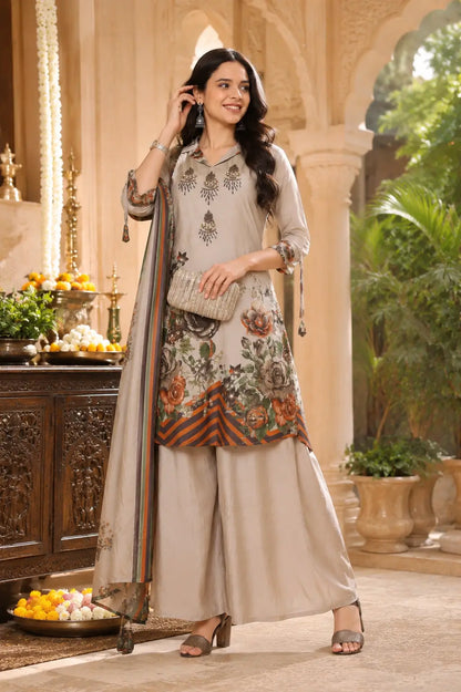Women wearing Rabric beige floral cotton festive kurta pant set with dupatta