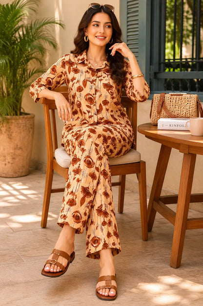 Stylish beige floral rayon co-ord set for women by Rabric ideal for summer travel, resort wear and casual outings