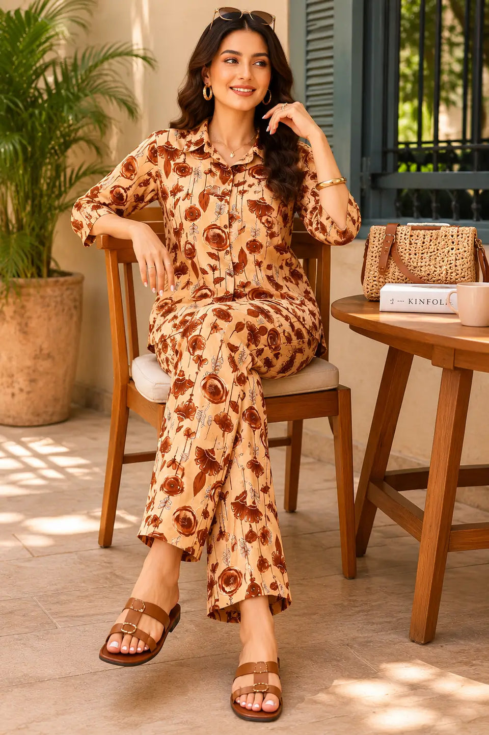 Stylish beige floral rayon co-ord set for women by Rabric ideal for summer travel, resort wear and casual outings