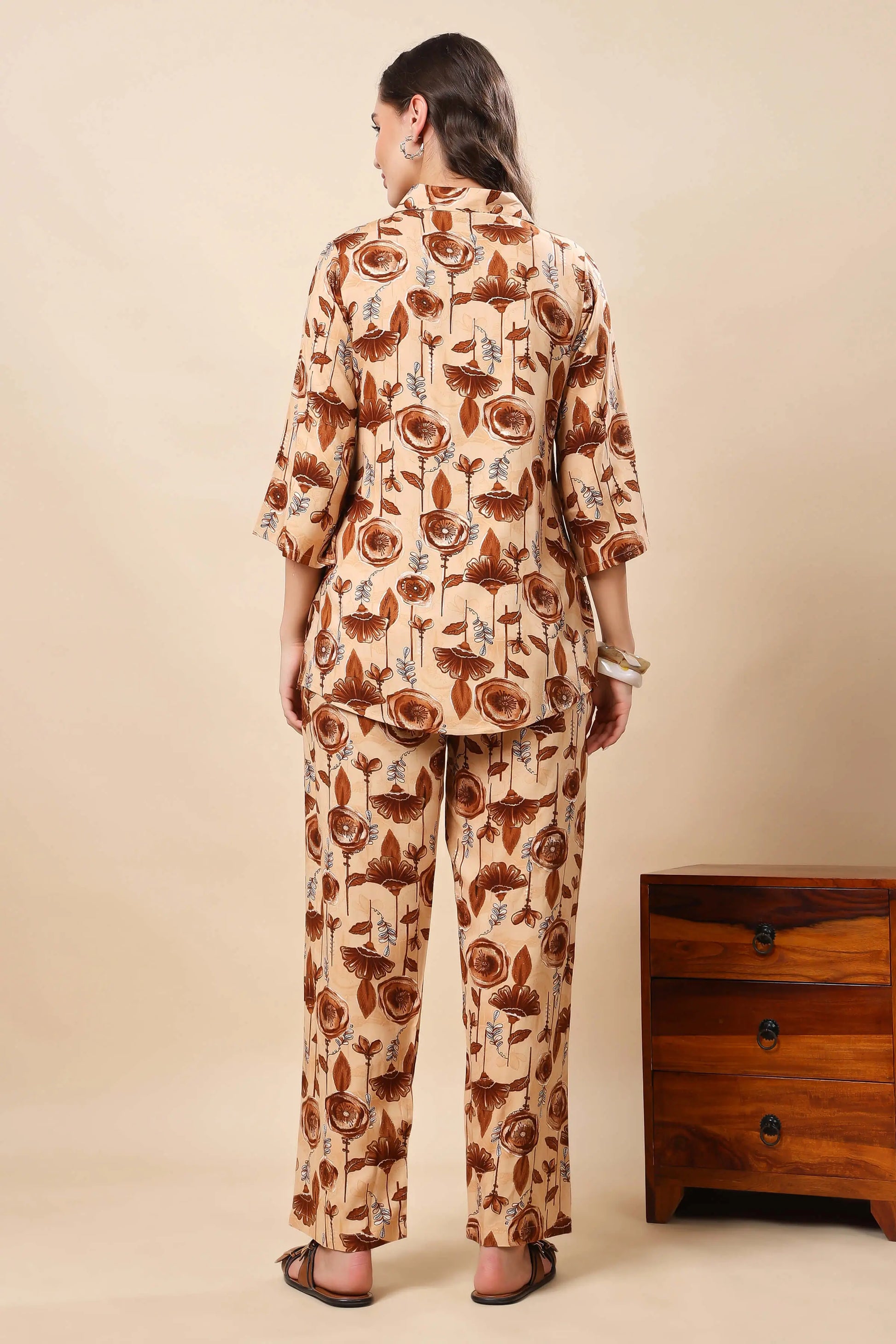 Rabric Beige Brown Floral Printed Collar Shirt and Pant Set