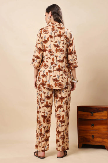 Rabric Beige Brown Floral Printed Collar Shirt and Pant Set