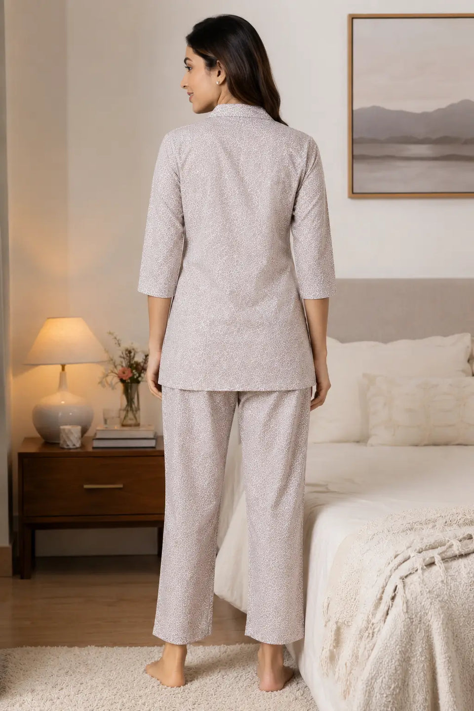 Back view of Rabric beige glace cotton women nightwear co-ord set with relaxed fit pajama and short shirt design