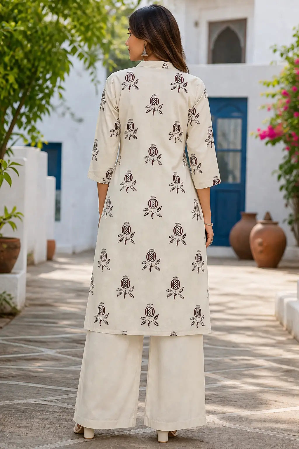 Rabric stylish beige printed kurta pant set back view with bell bottom pants