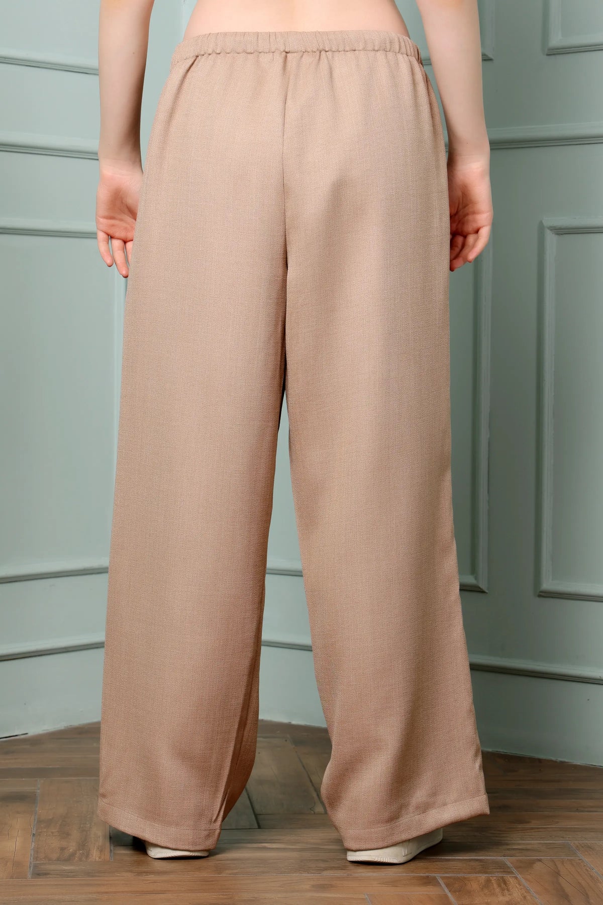 RABRIC beige linen wide leg trousers for women back view with elasticated waistband