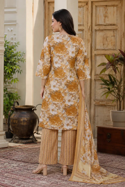 Back side view of Rabric beige mustard floral cambric cotton kurta pant set with dupatta