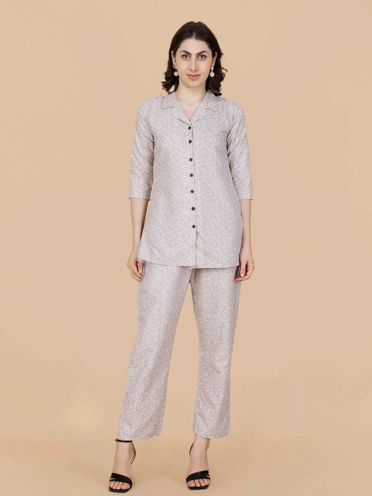 Beige Printed Premium Glace Cotton Co-ord Set for Women by Rabric – Front View