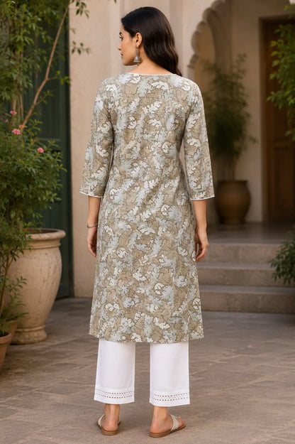 Back side design of Rabric beige printed rayon women kurti with full length straight fit ethnic top