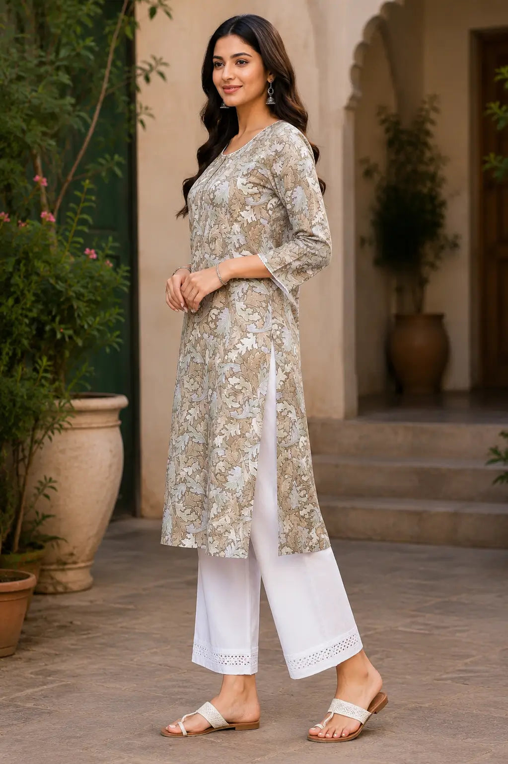 Side angle view of Rabric beige floral rayon kurti for women with elegant straight fit casual office wear style