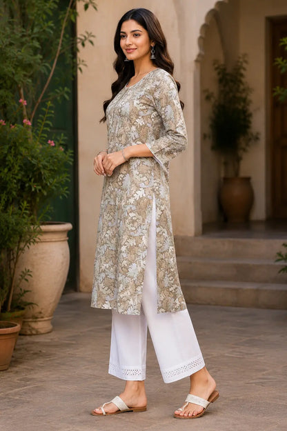 Side angle view of Rabric beige floral rayon kurti for women with elegant straight fit casual office wear style