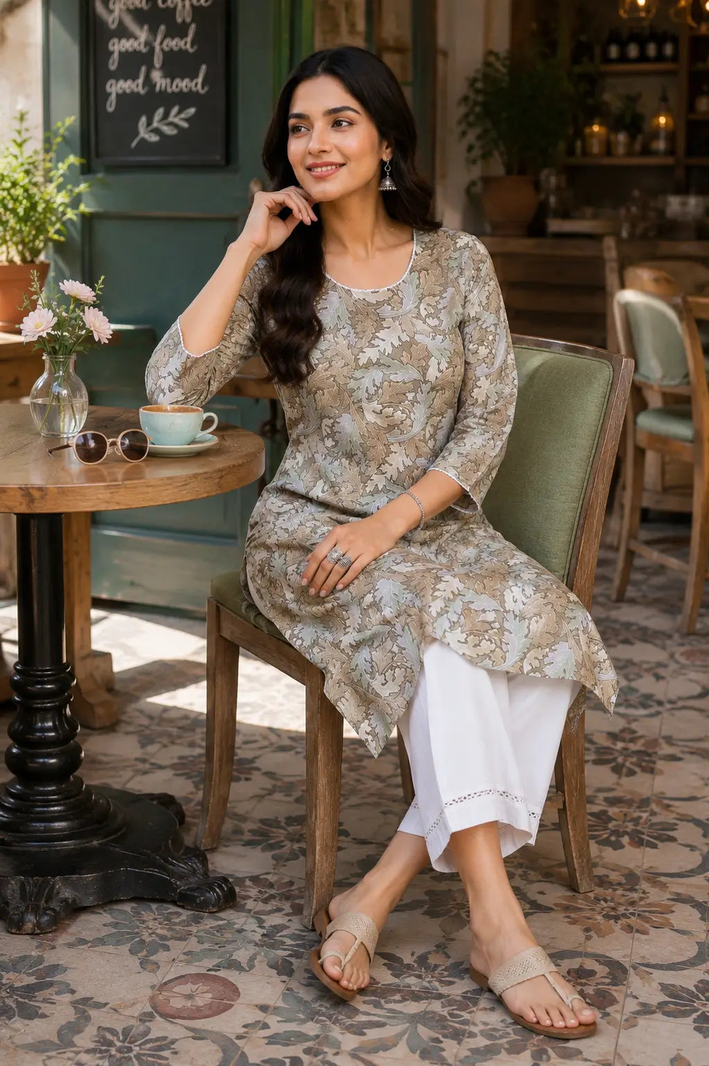 Rabric women beige rayon kurti casual cafe look with comfortable ethnic fashion styling and accessories