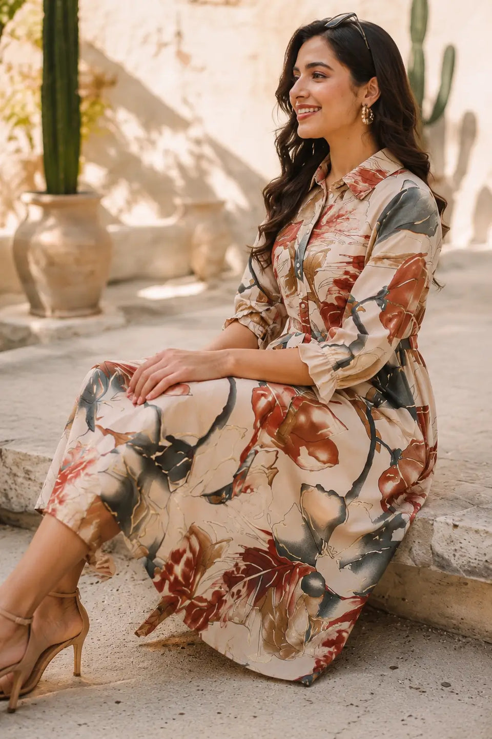 Rabric beige floral rayon kurti dress sitting lifestyle image with stylish casual accessories
