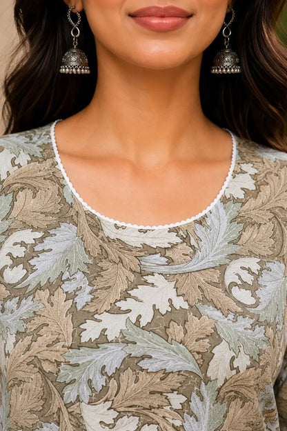 Close up round neck design of Rabric beige rayon floral print kurti for women with stylish neckline detailing