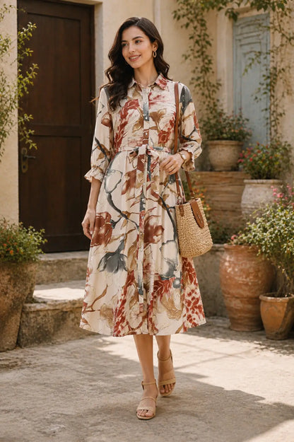 Rabric women casual floral rayon kurti midi dress lifestyle fashion look with elegant flare