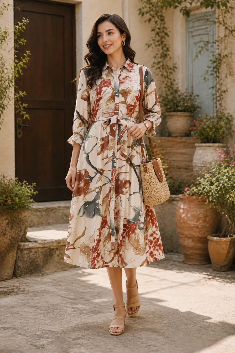 Rabric women casual floral rayon kurti midi dress lifestyle fashion look with elegant flare