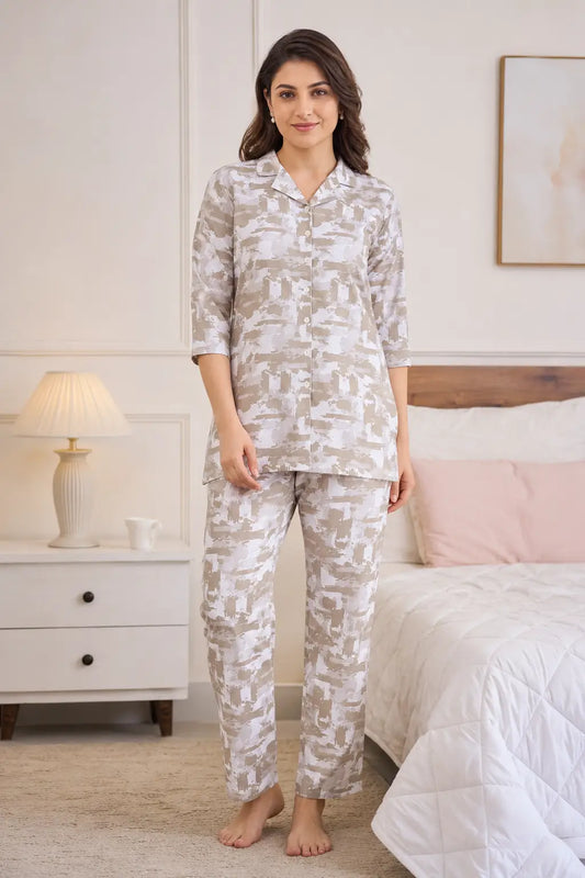 Rabric women’s blue glace cotton night suit co-ord set front view with 3/4 sleeves and abstract print pajama set for women