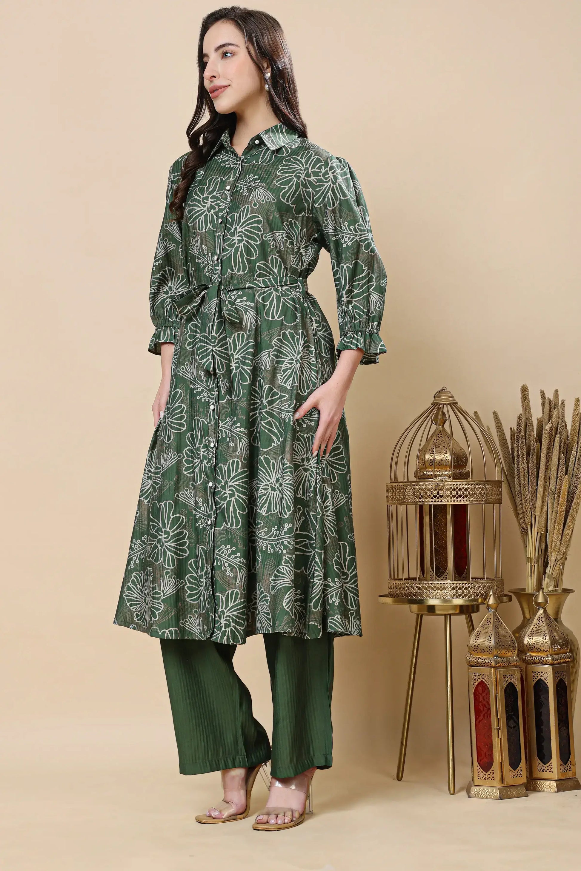 Side view of Berlin silk co-ord set for women