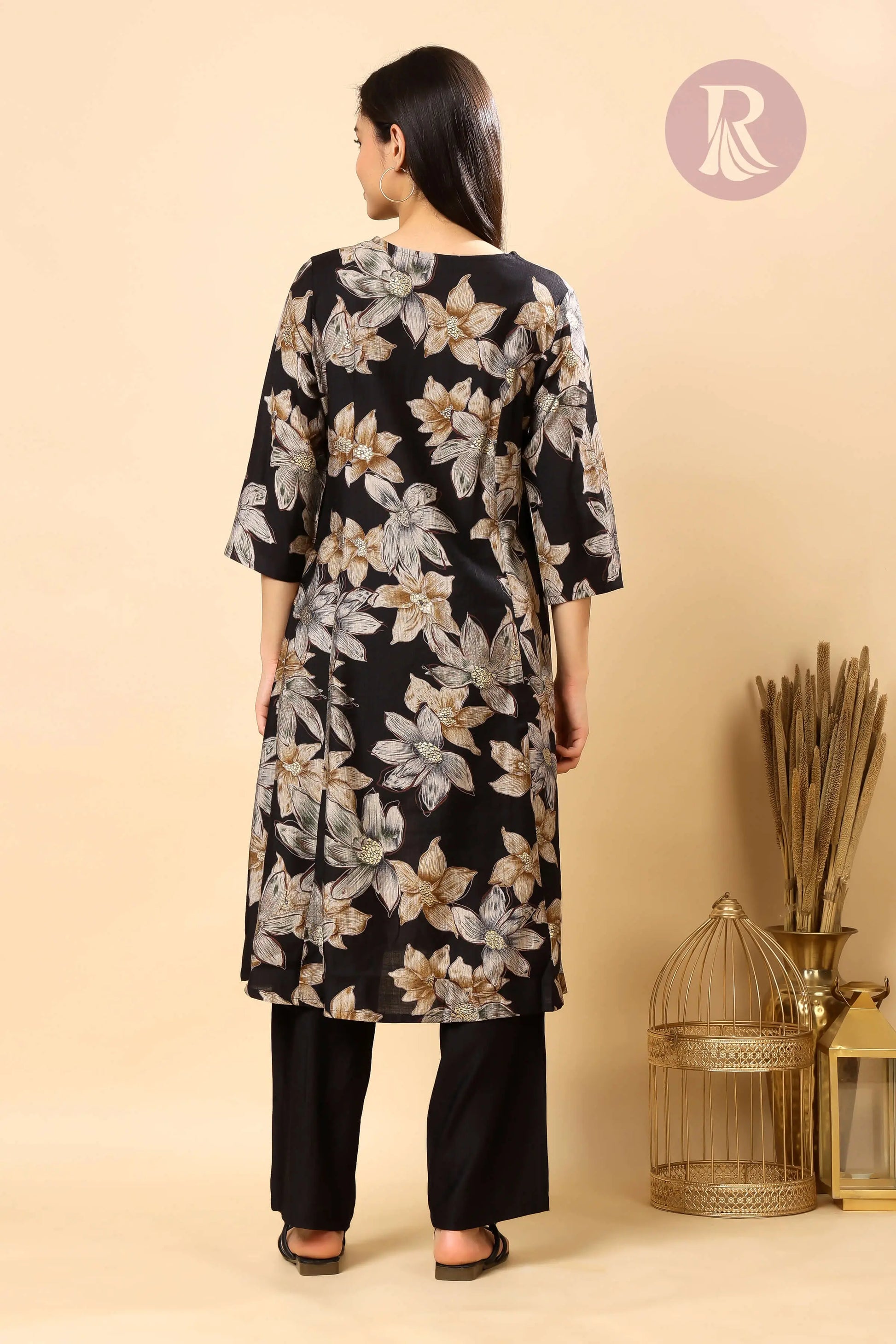 Black A-line kurti with thread design in Vertican Silk by Rabric