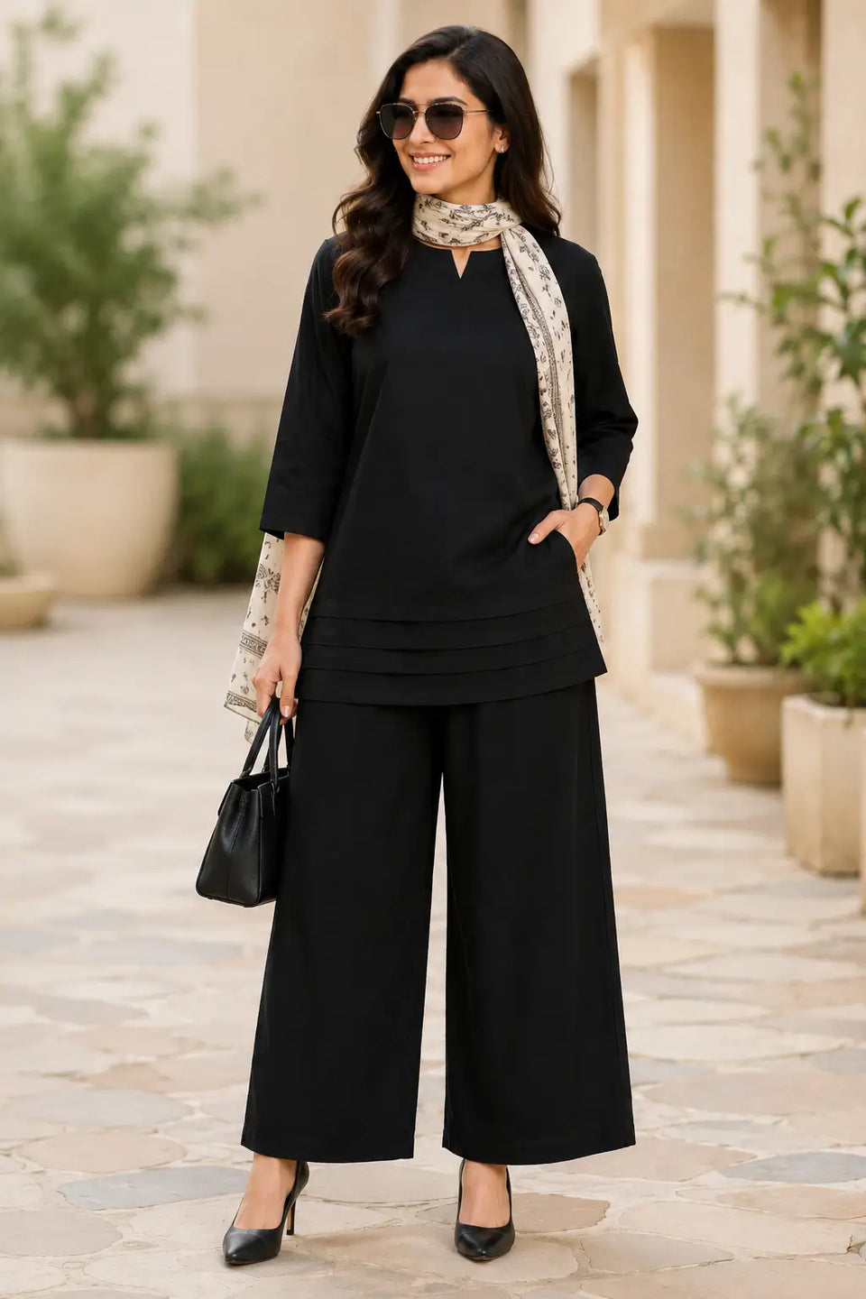 Full look of Rabric black cotton co-ord set for women in solid plain cotton fabric, perfect for office casual and everyday comfortable wear