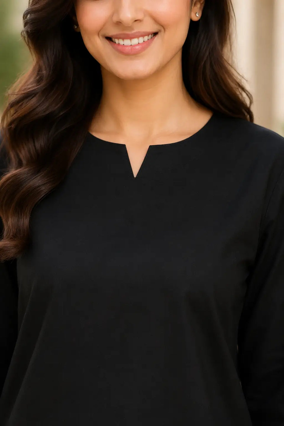 Close-up of Rabric black cotton co-ord set notch neck design with solid plain fabric and clean neckline finish