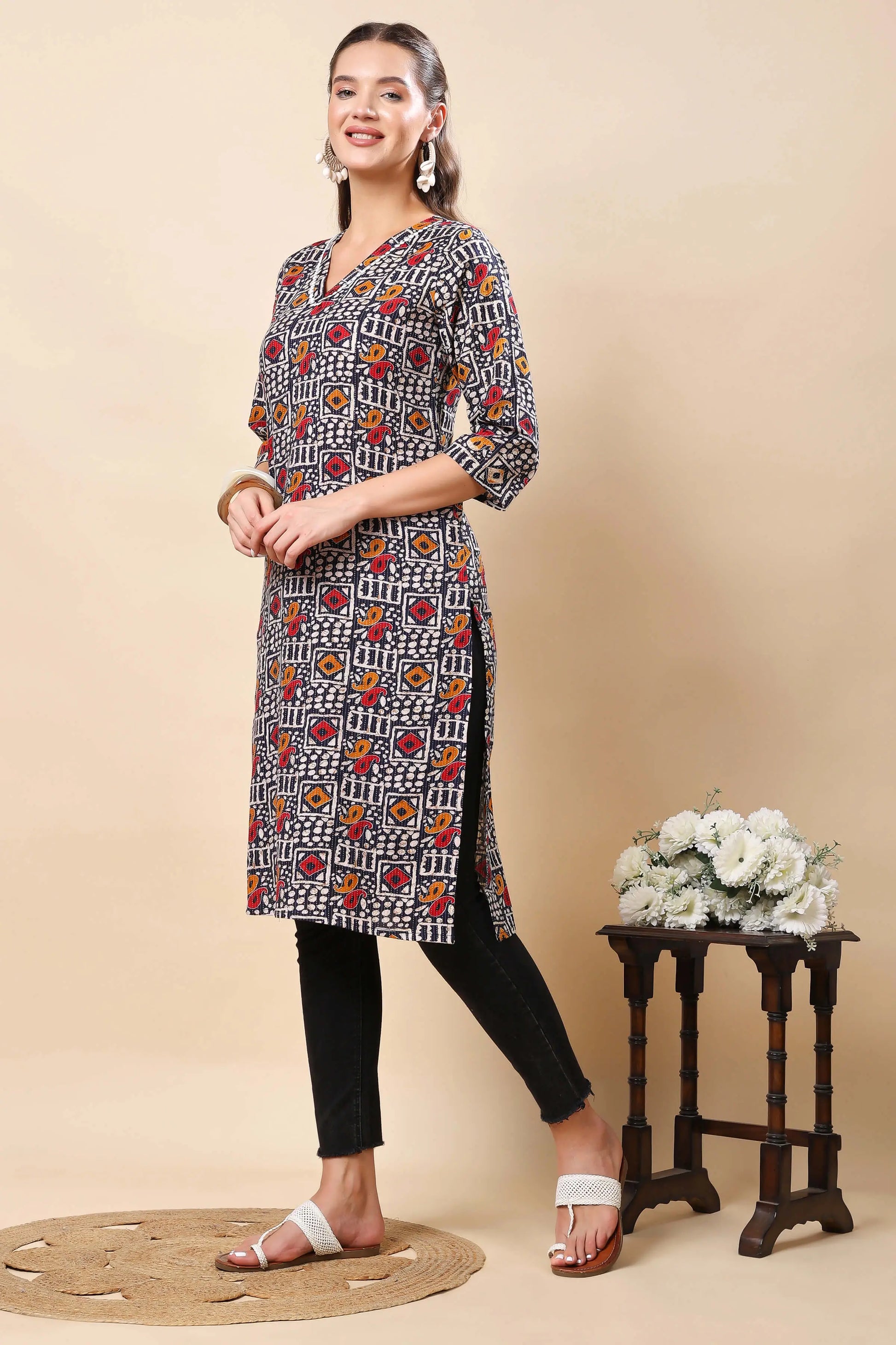 Side view of Rabric black printed cotton kurti with lace neck design