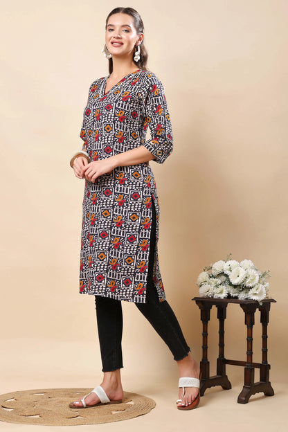 Side view of Rabric black printed cotton kurti with lace neck design