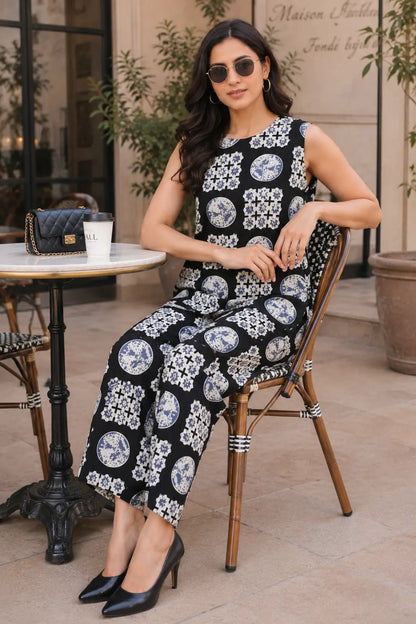 Rabric black Cotton Flex geometric print co-ord set for women in casual sitting cafe pose with sleeveless top and wide-leg pant